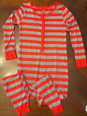 Red and Gray Striped Long-Sleeve Pajama One-Piece